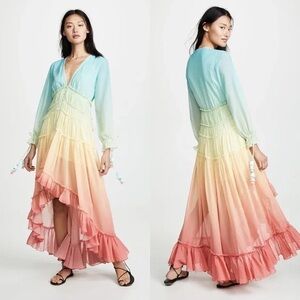 Linjia Shop NWT Rainbow Maxi Ombre Dress Hi-Low Ruffle Multicolor Size Small